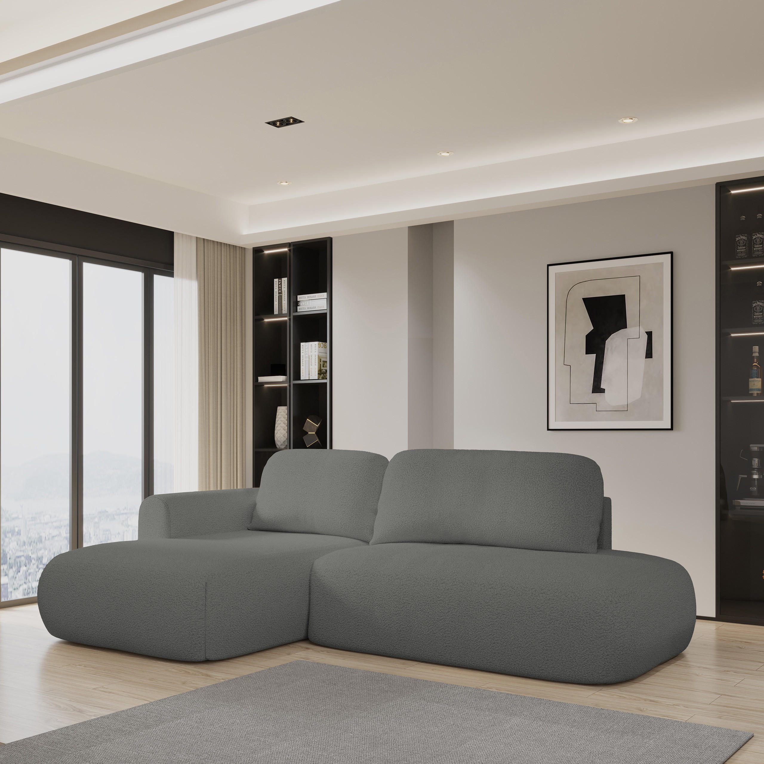 ECKSOFA NUVIRA L-S Grau Boucle-Stoff mit Schlaffunktion - Grau, Holz (274/165cm) - MASSENO