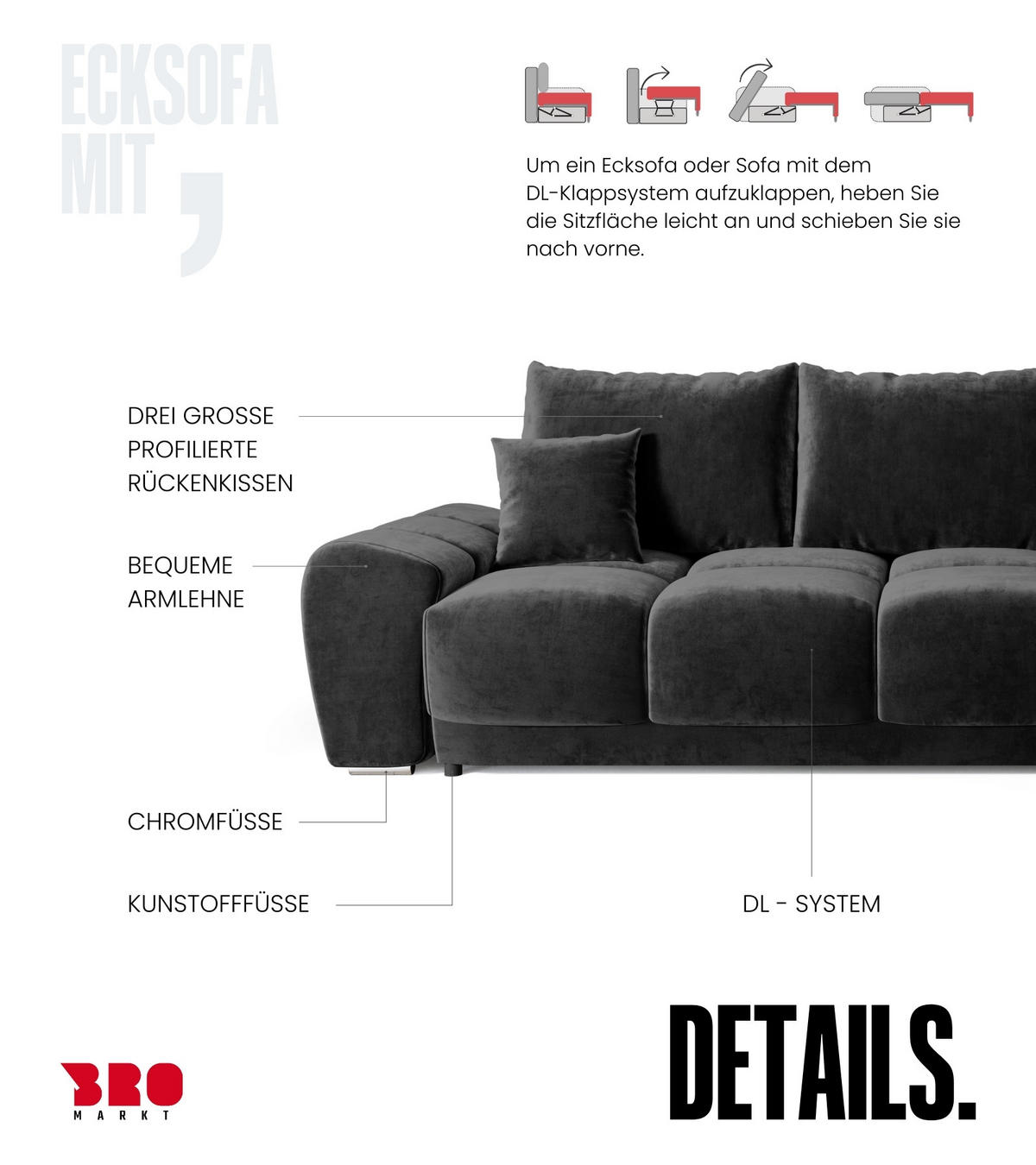 ECKSOFA Nubes mit Schlaffunktion Schwarz - Schwarz Hochglanz/Silberfarben, Kunststoff/Textil (290/180cm) - Bromarkt