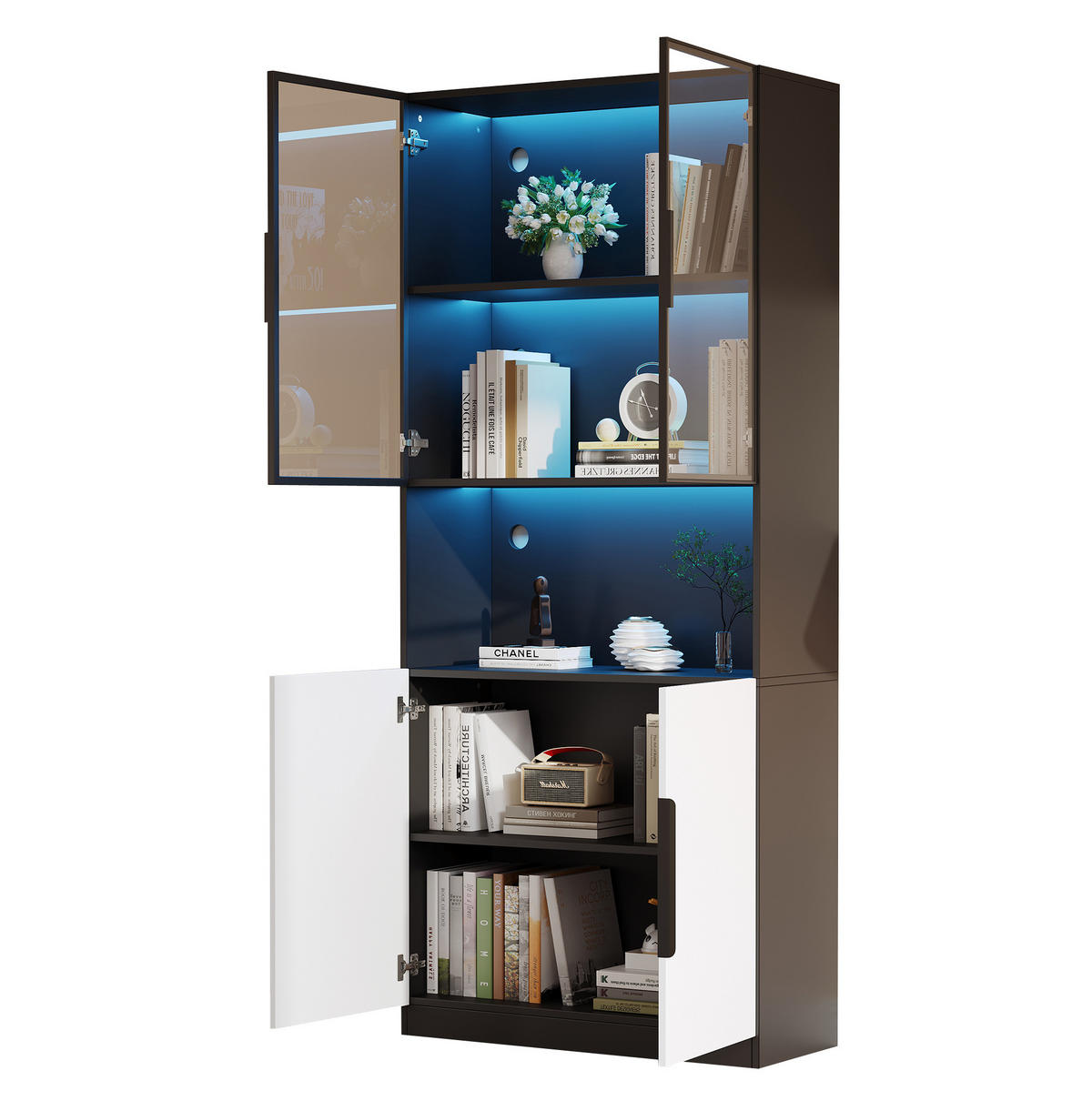 VITRINA 80/30/200 cm bijela/crna s LED osvjetljenjem i staklenim vratima - bijela, drvni materijal (80/200/30cm) - BEAOK