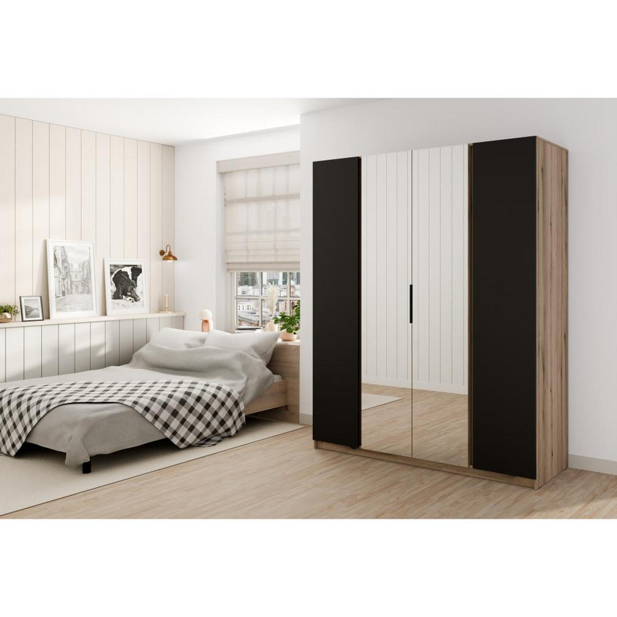 DREHTÜRENSCHRANK Kaya 200/62/239 4-Türig mit zwei Spiegel - Eichefarben/Schwarz, Holzwerkstoff (200/239/62cm) - Beautysofa