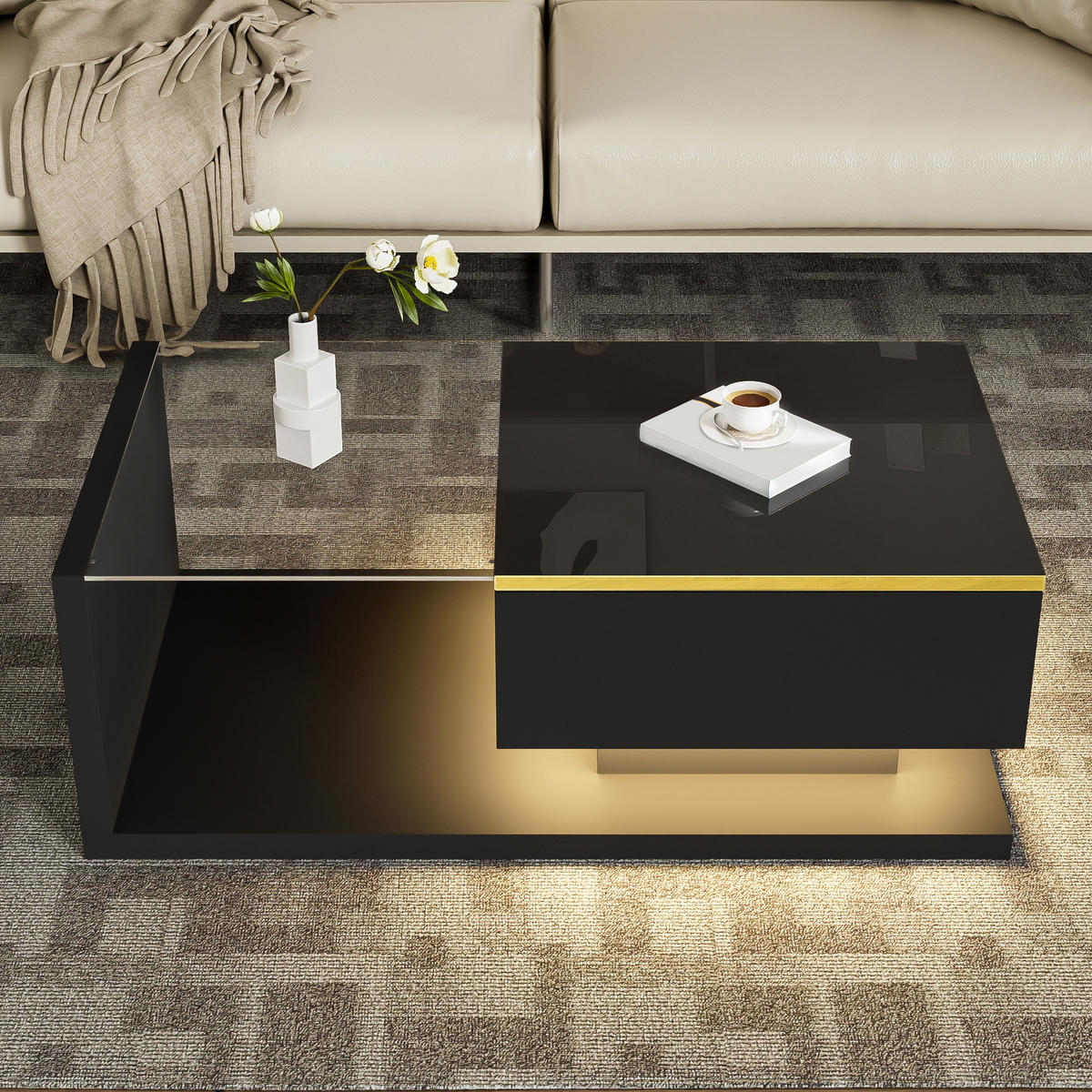 COUCHTISCH 90 cm Hochglanz LED schwarz - Schwarz, Holzwerkstoff (50/90/32.5cm) - LEBENLANG