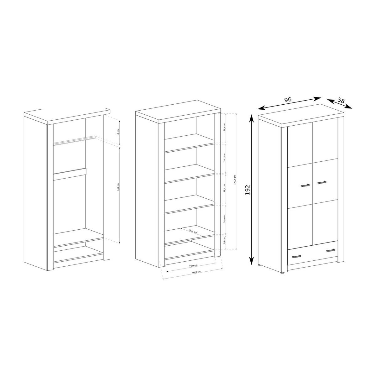 KLEIDERSCHRANK Indianapolis I-1 2-türig 96 x 192 x 58 cm Esche dunkel - Dunkelbraun, Holzwerkstoff/Metall (96/192/58cm) - Koseto