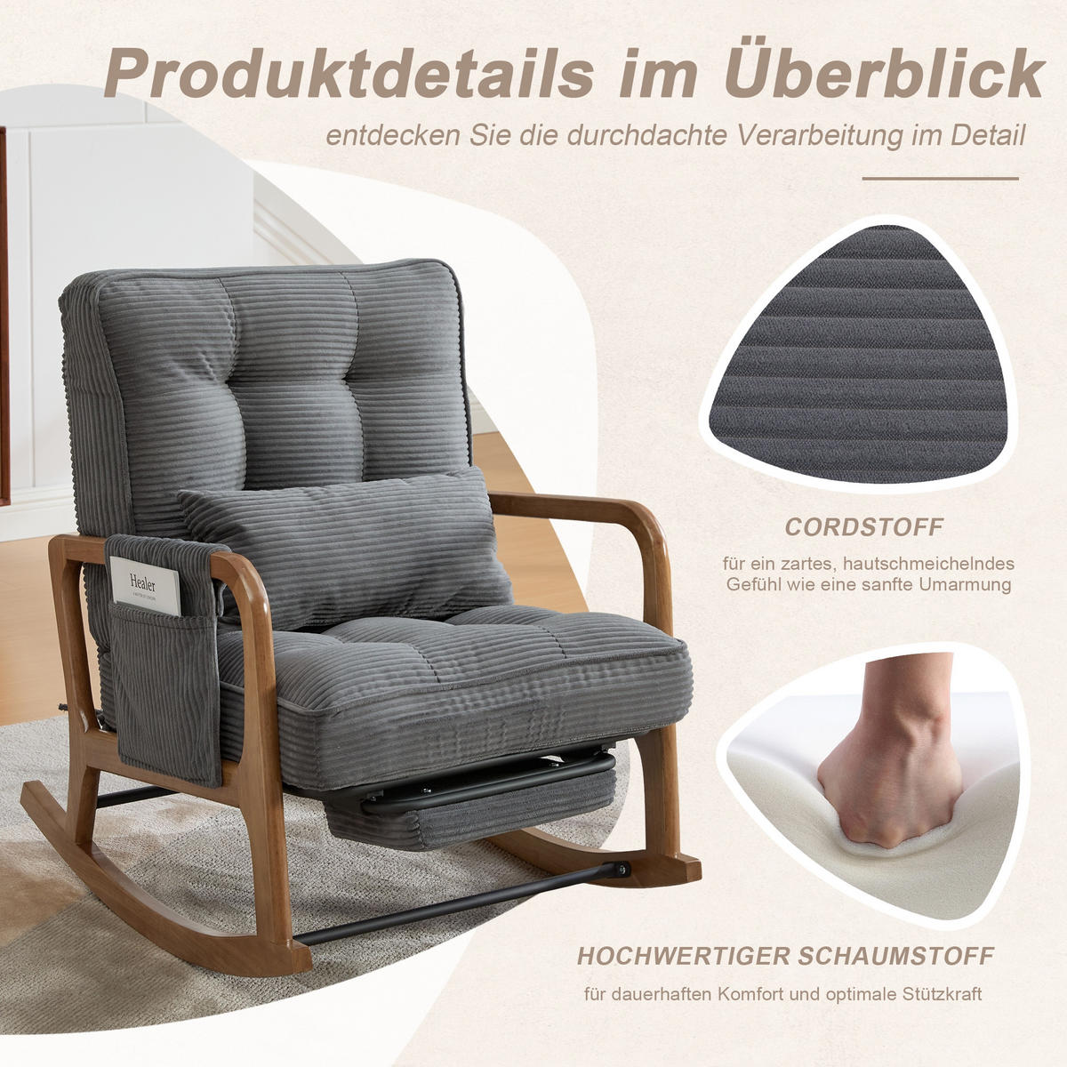 SCHAUKELSTUHL Grau Cord mit Fußstütze, Seitentaschen und verstellbarer Lehne - Grau, Textil (80/92/70cm) - Oxeza