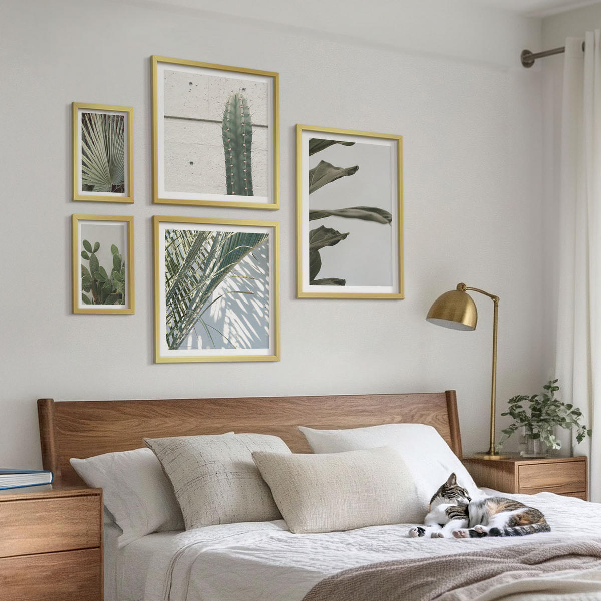 BILDER SET 5er Set - 50x50 cm & 20x30 cm & 40x60 cm Goldrahmen - Blätter tropischer Pflanzen in Pastellfarben - Goldfarben, Kunststoff (40/60cm) - TULUP