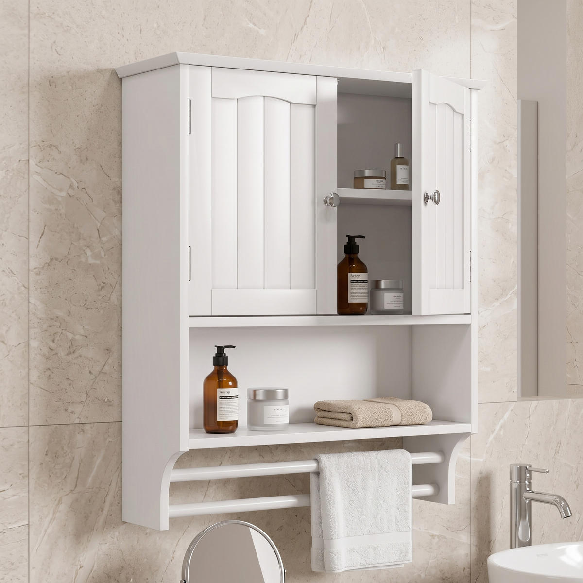 WANDSCHRANK Badezimmer Weiß Medizinschrank mit Handtuchhalter & verstellbaren Regalen - Weiß, Holzwerkstoff (56.89/70/19cm) - Urban Meuble