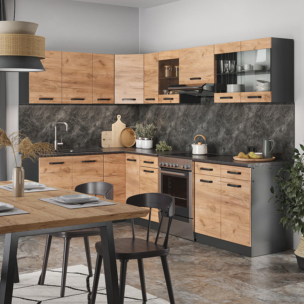 ECKKÜCHE Rick Anthrazit/Goldkraft Eiche 267 x 167 cm , AP Schwarz - Anthrazit/Eiche Wotan, Holzwerkstoff (270/81.6/60cm) - Vicco