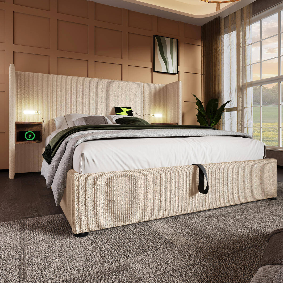 ČALÚNENÁ posteľ 160/200 cm, kord, béžovo-biela s LED lampou, USB-C a úložným priestorom - béžová, textil (160/200cm) - BEAOK