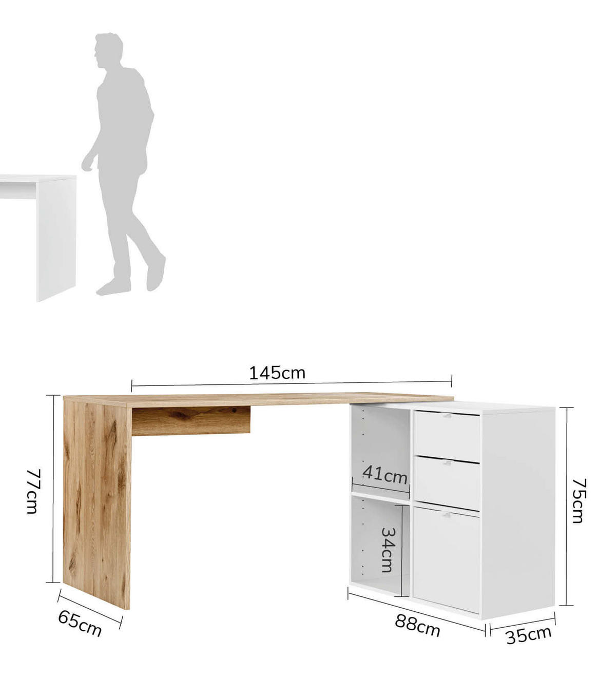 ECKSCHREIBTISCH Der Produktive - Eichefarben/Weiß, Holzwerkstoff (65/145/77cm) - Mokebo