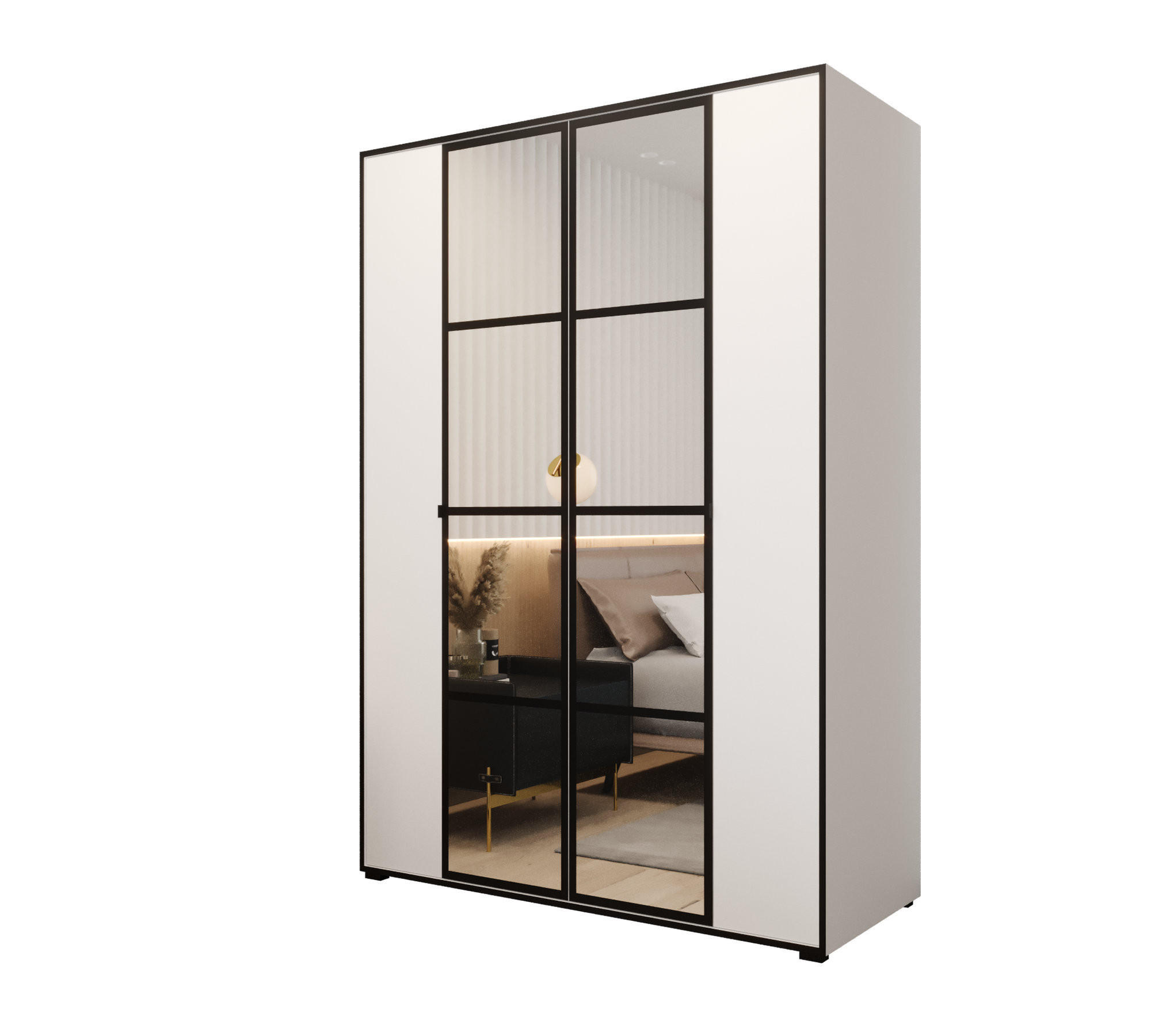 DREHTÜRENSCHRANK MODENA 150, 4-türig Kleiderschrank mit 2 Spiegel, Moderne Garderobe, Schrank in Größe: 150 x 206 x 65 cm - Schwarz/Weiß, Holzwerkstoff (150/206/65cm) - O-Sofa