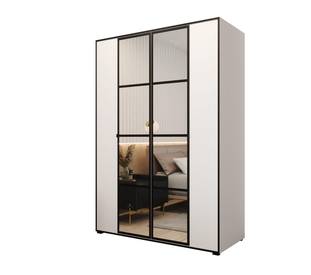 DREHTÜRENSCHRANK MODENA 150, 4-türig Kleiderschrank mit 2 Spiegel, Moderne Garderobe, Schrank in Größe: 150 x 206 x 65 cm - Schwarz/Weiß, Holzwerkstoff (150/206/65cm) - O-Sofa