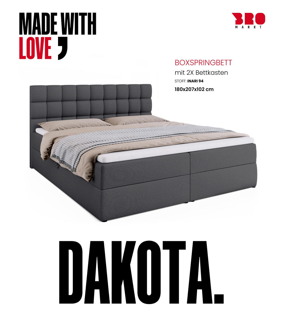 BOXBETT Dakota mit Topper 180/200 Dunkelgrau - Dunkelgrau, Textil (180/200cm) - Bromarkt