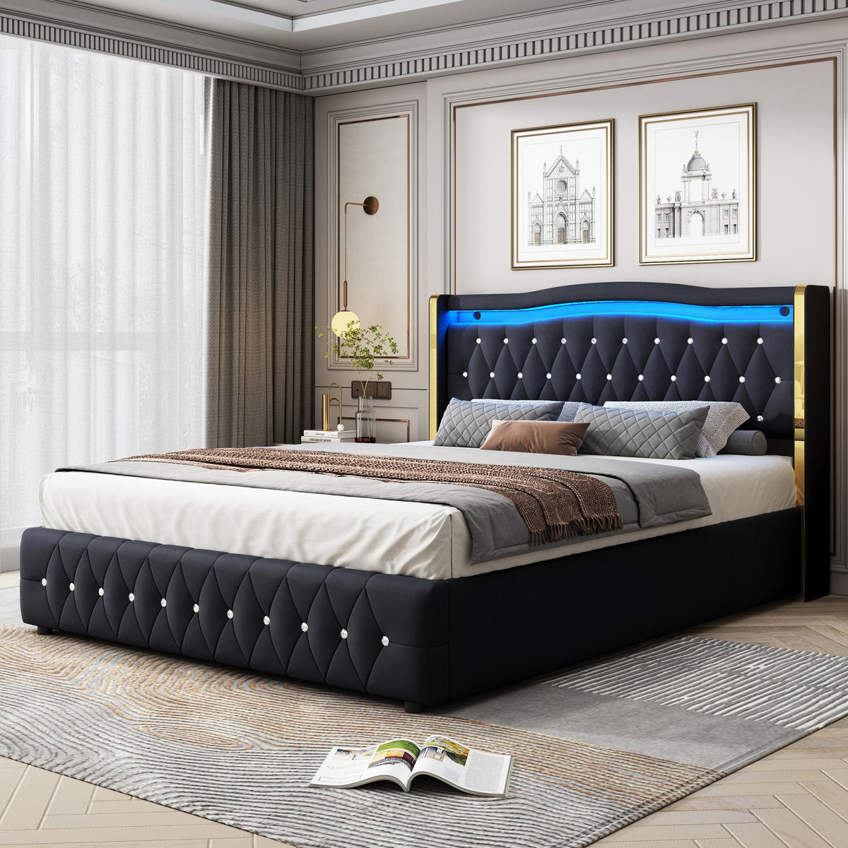 POLSTERBETT 160/200 cm schwarz mit hydraulischem Stauraum und farbwechselnder LED-Beleuchtung - Schwarz, Textil (160/200cm) - OKWISH