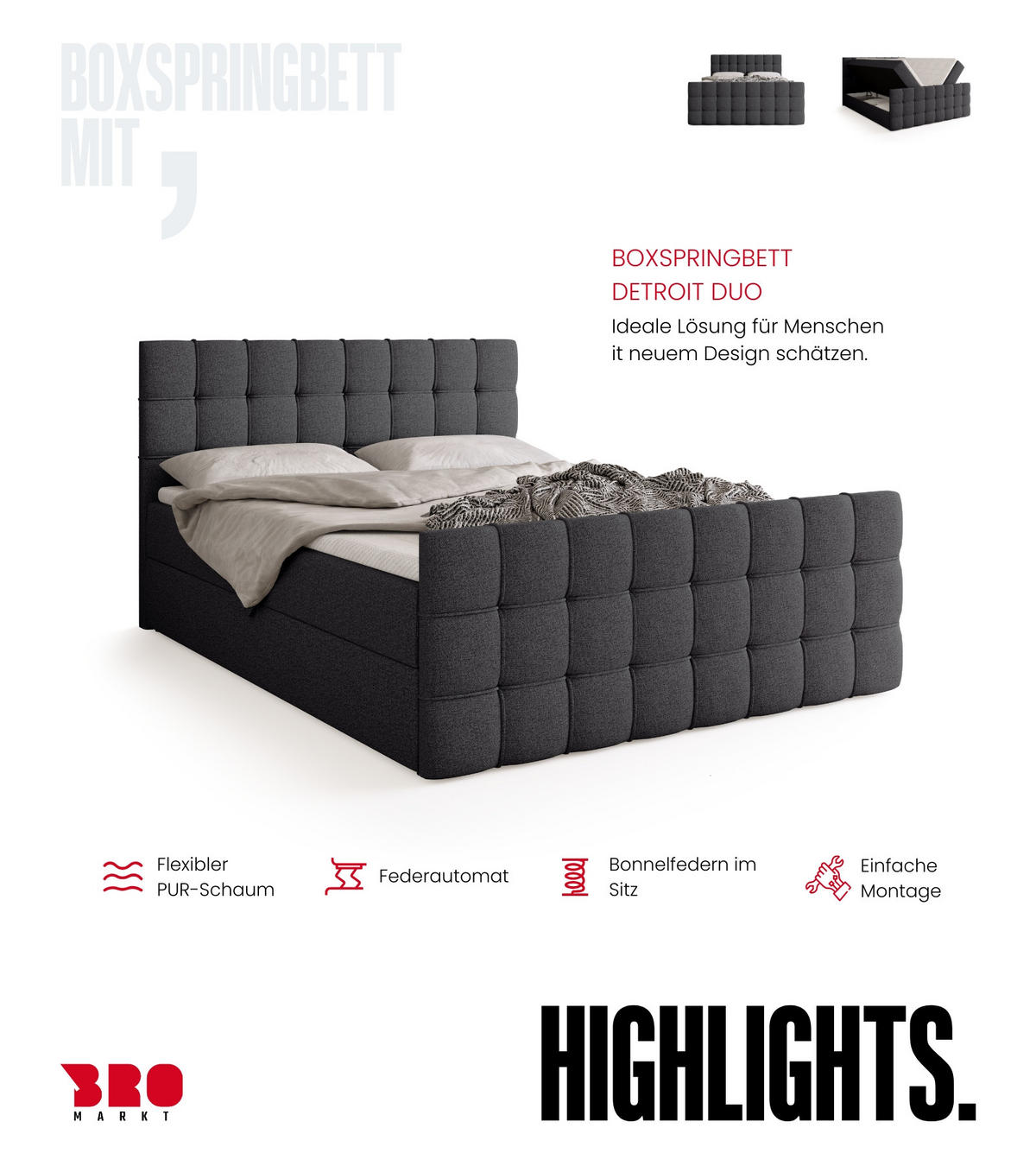 BOXBETT Detroit Duo mit Topper 180/200 Dunkelgrau - Dunkelgrau, Textil (180/200cm) - Bromarkt