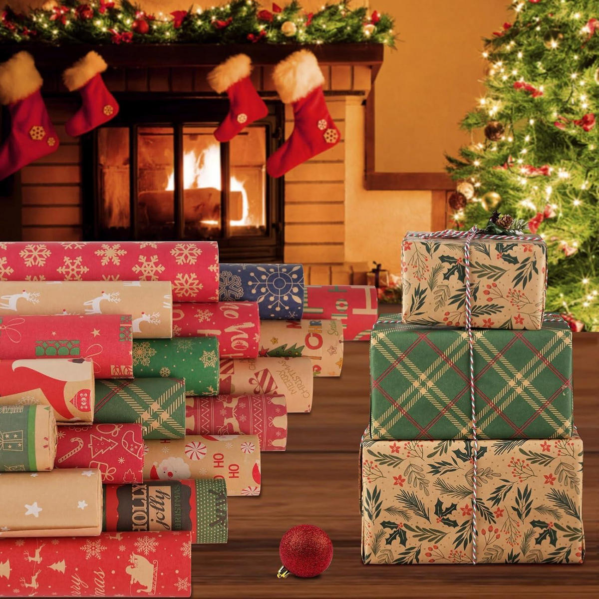 GESCHENKPAPIER 2-teiliges Set 43 cm x 15 m Kraft Vintage Weihnachten - Multicolor, Papier (8/4/43cm)