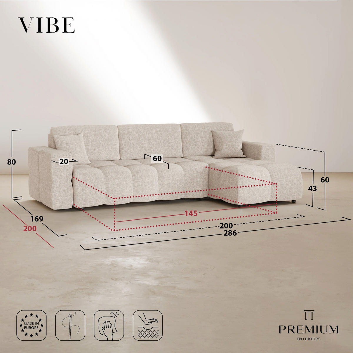 ECKSOFA rechtwinklig VIBE Kettgewebe mit weichem Griff Braun 286cm - Braun, Textil (286/169cm) - Premium Interiors