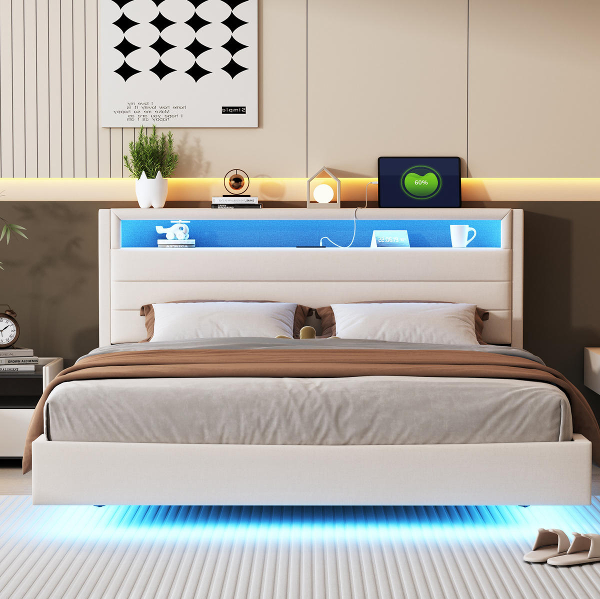 POLSTERBETT 160/200 cm in Beige mit LED-Beleuchtung und USB-Anschluss - Beige, Textil (160/200cm) - Flora Grace