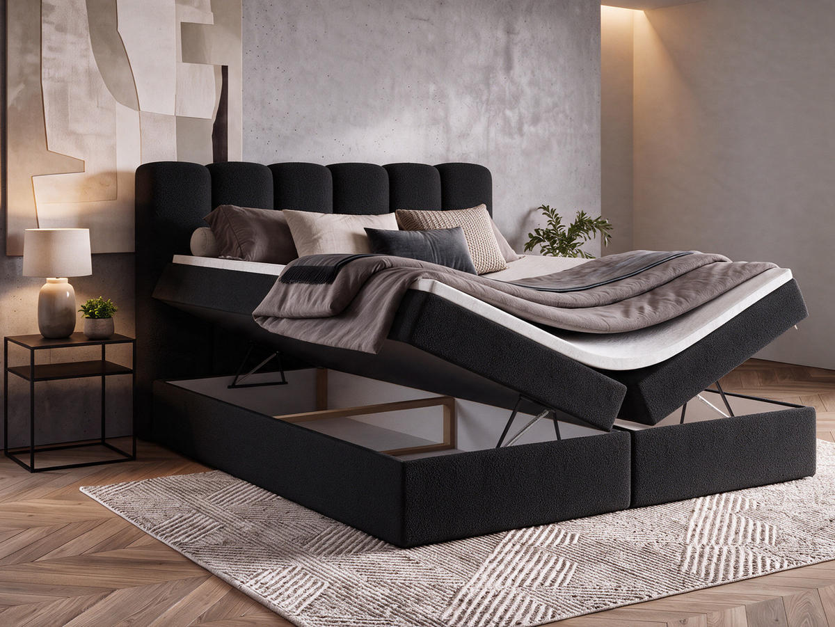 BOXBET NOLARO 160x200 cm Komplett-Set mit Bettkasten, Bonell-Matratze und Topper, Bouclé Schwarz - Schwarz, Textil (160/200cm) - Luxkor24
