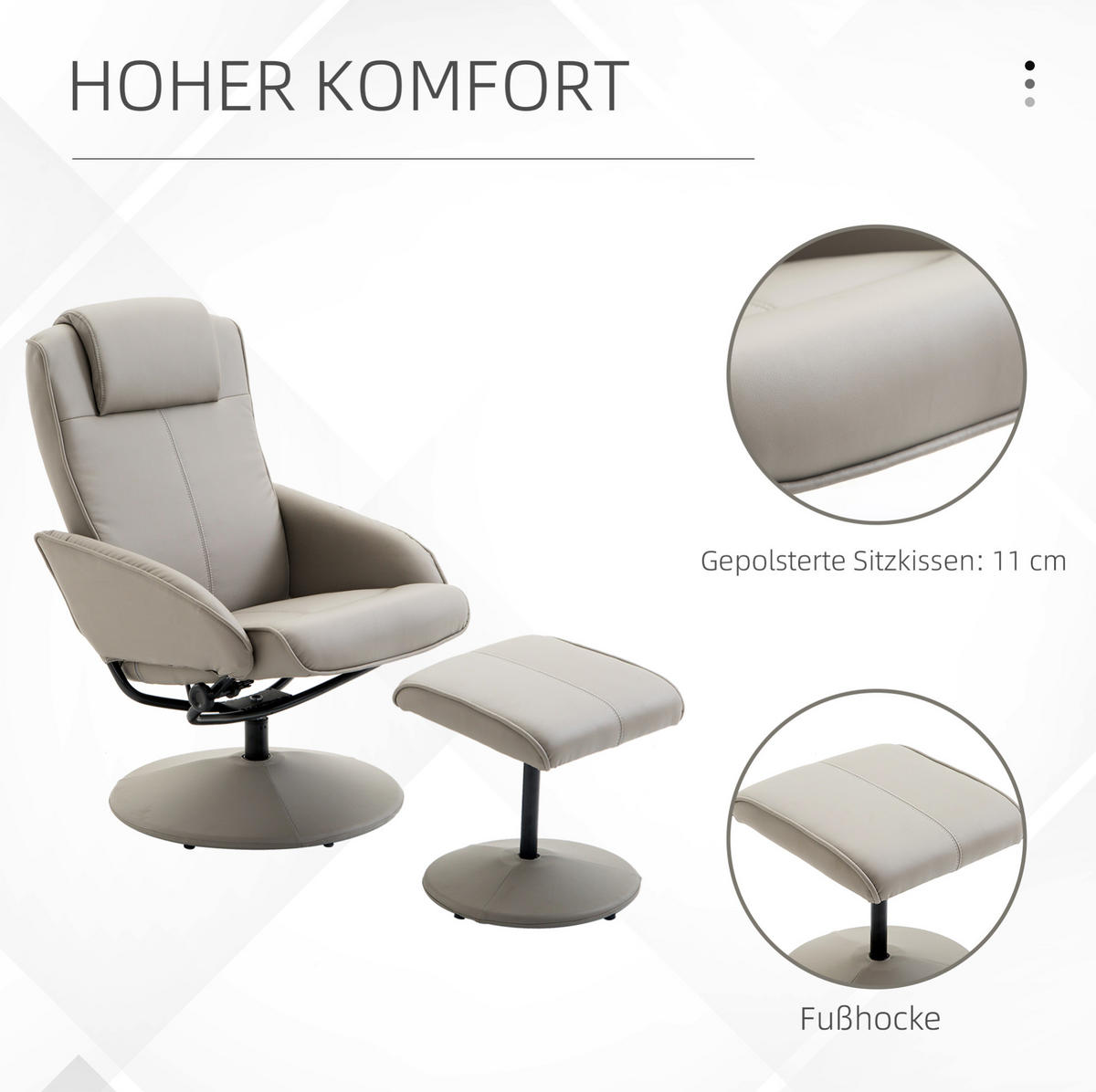 RELAXSESSEL Kunstleder mit Fußhocker, 145° Neigung 78/67/98 cm Grau - Grau, Holz (67/98/78cm) - Redom
