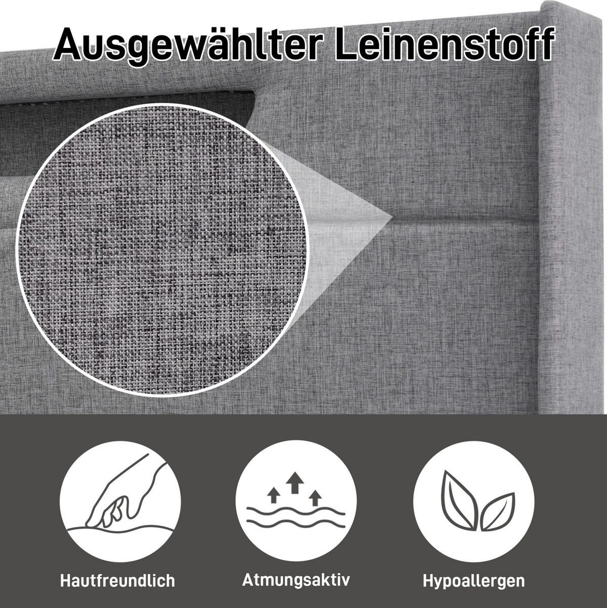 POLSTERBETT 140/200 cm grau aus Leinen mit LED und USB-C - Grau, Textil (140/200cm) - OKMYHOME