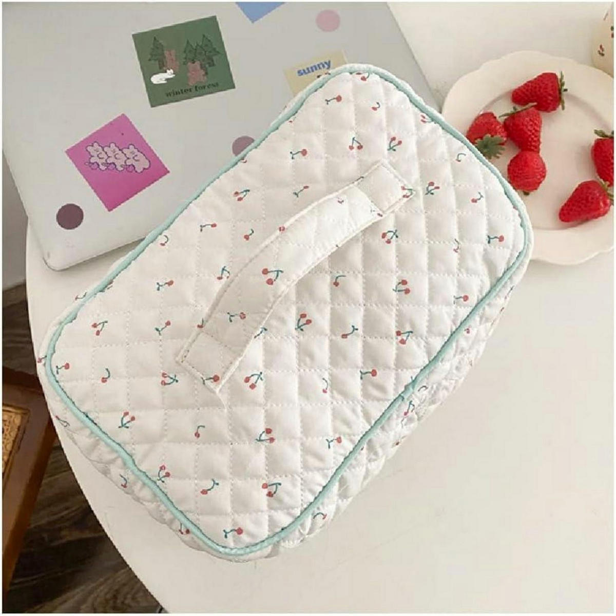 KULTURTASCHE Damen Weiß Kirsche gesteppt Baumwolle Flip-Cover - Multicolor, Textil (16/16/27cm)