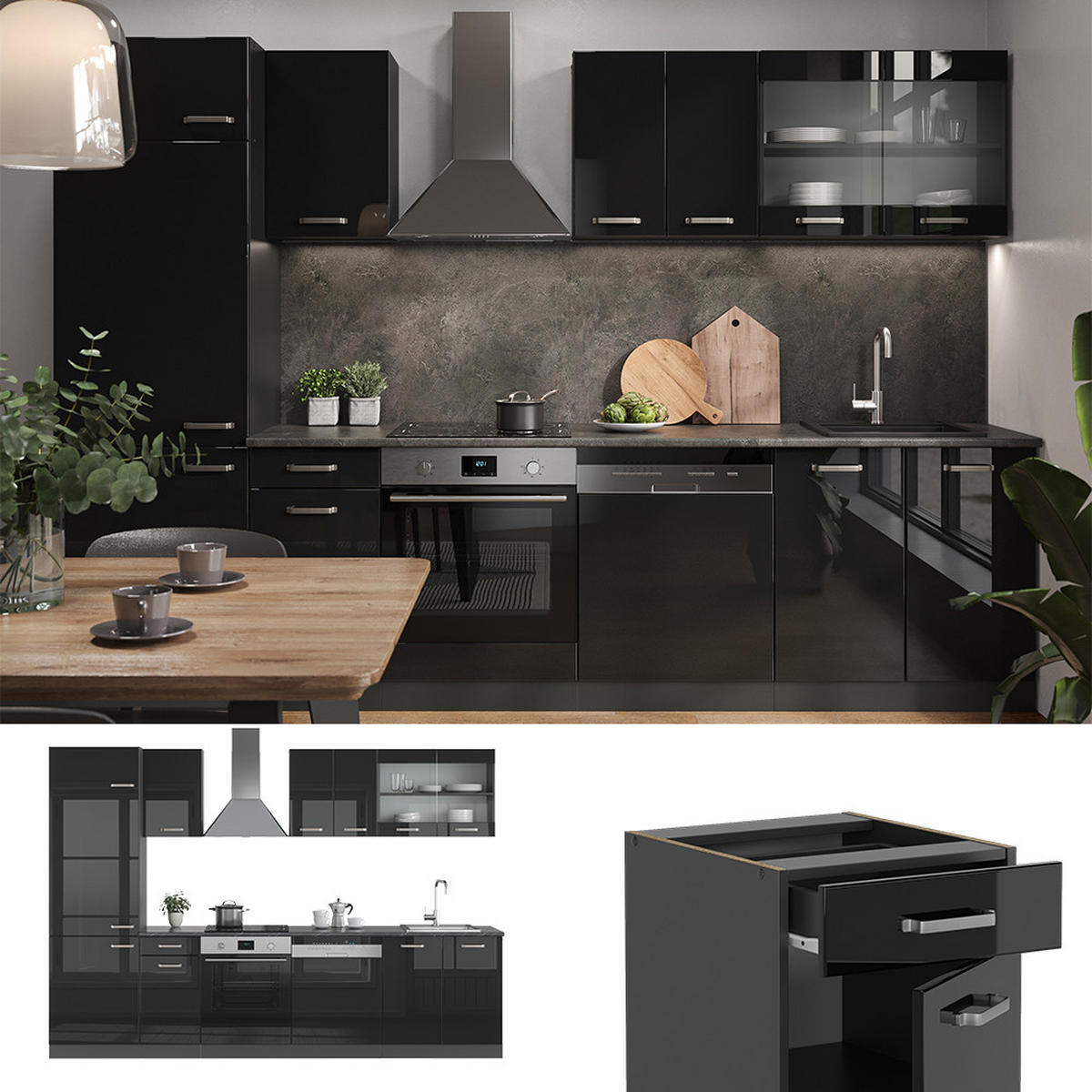 KÜCHE R-Line Schwarz Hochglanz/Anthrazit 300 cm, AP Marmor - Schwarz Hochglanz/Anthrazit, Holzwerkstoff (300/81.6/60cm) - Vicco