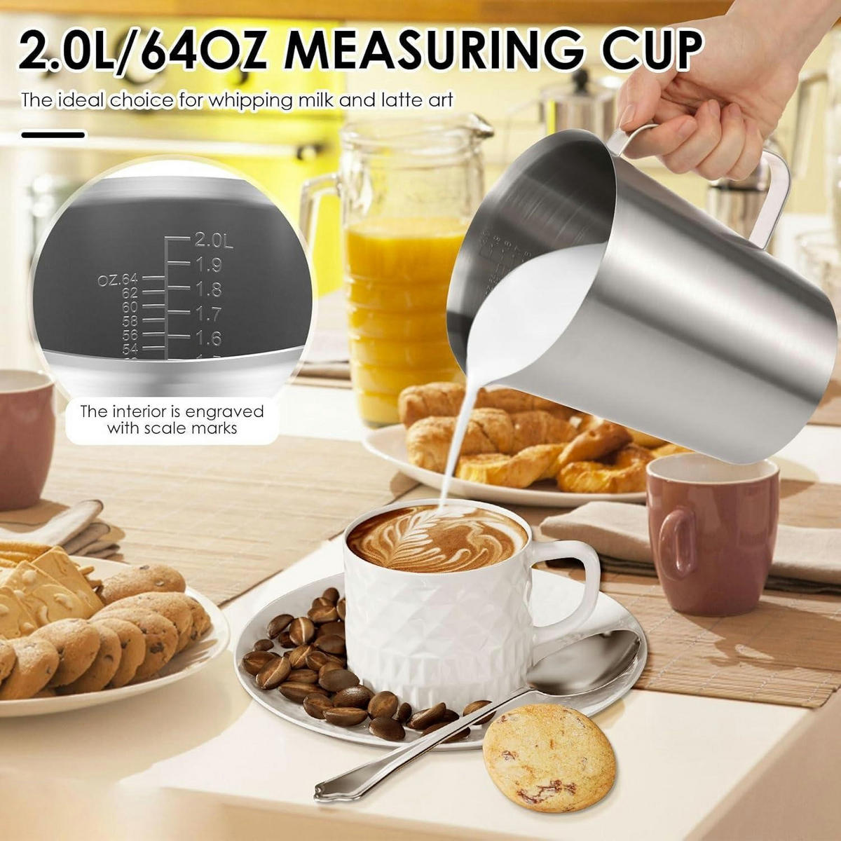MESSBECHER Edelstahl 2000 ml mit Feinskala und Griff - Silberfarben, Metall (2L)