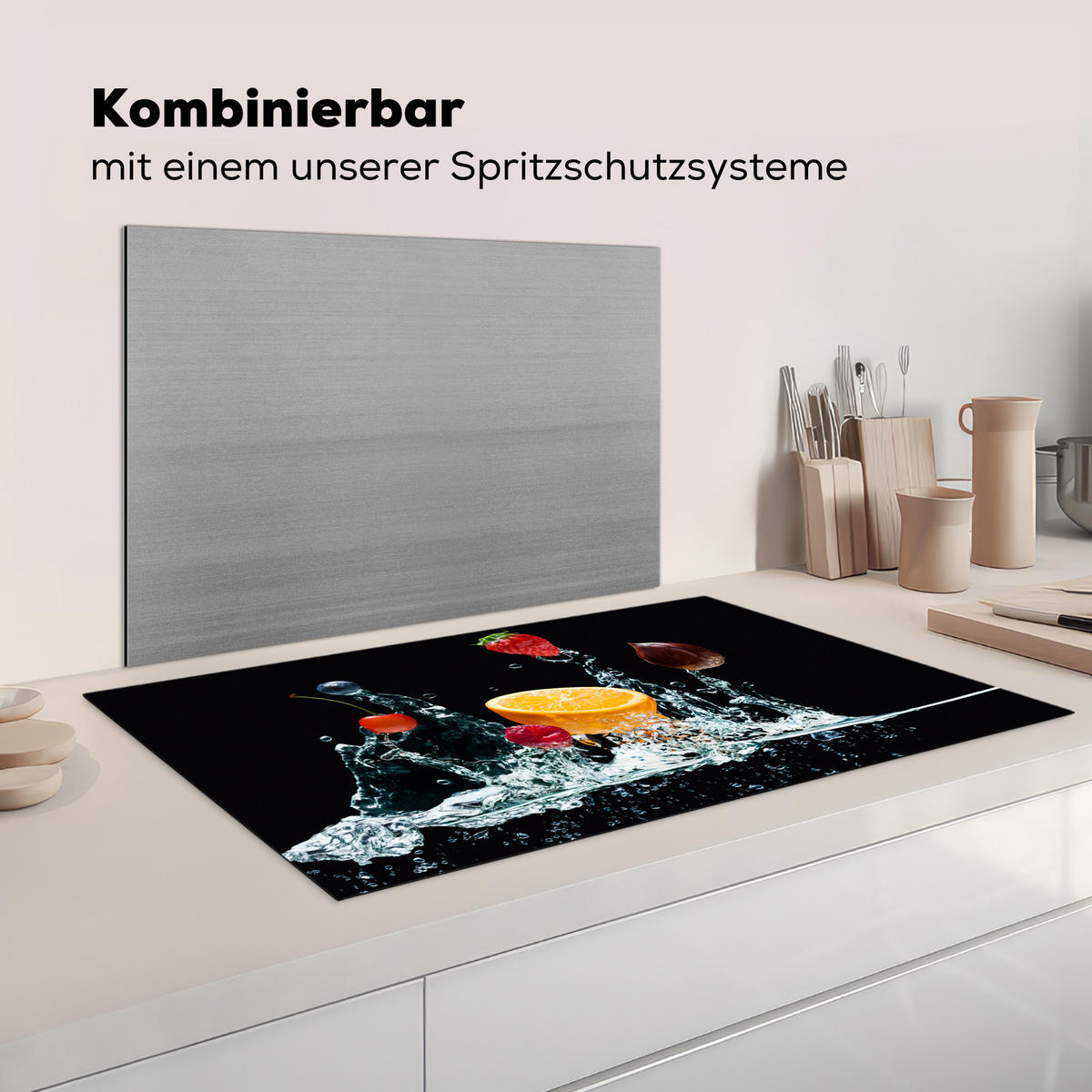 KRYT NA INDUKČNÍ DESKU Voda - Ovoce - Pomeranč - Jahoda - Třešeň - Černá 89.6x51.6 cm - pomerančová, plast (89.6/51.6/0.2cm) - MuchoWow