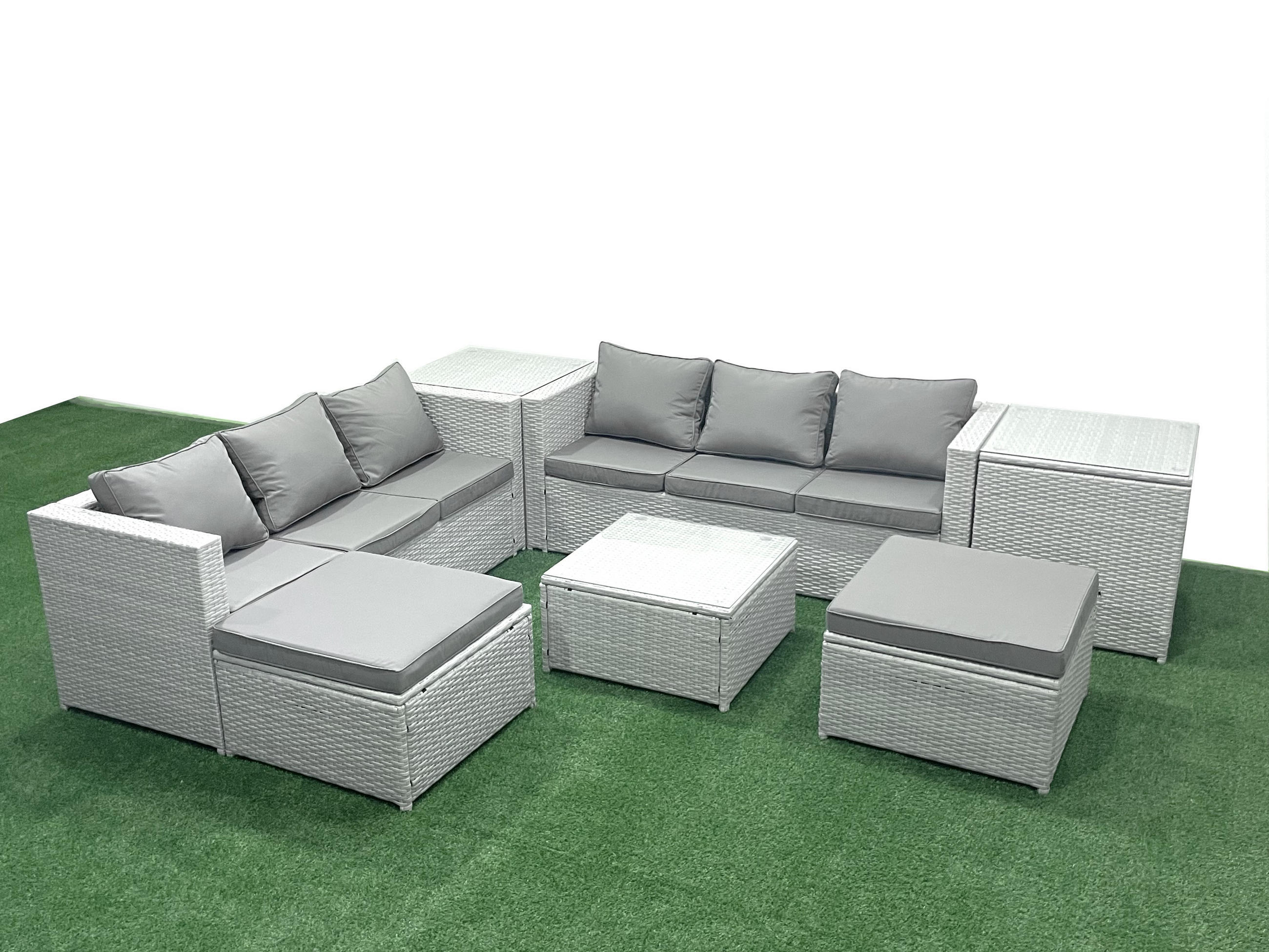 GARTENMÖBEL-SET mit Kissen Polyrattan Hellgrau-Mix 8-Sitzer - Hellgrau/Grau, Glas/Kunststoff - Fimous