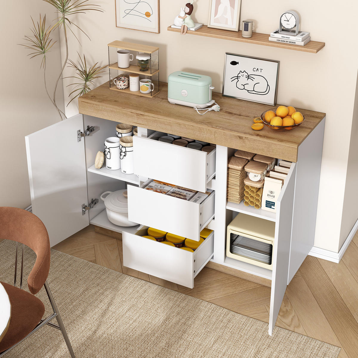 SIDEBOARD in Weiß und Eiche Kommode mit 3 Schubladen und 2 Türen für Schlafzimmer und Wohnzimmer, B120.5/T40.2/H82.5cm - Eichefarben/Weiß, Holzwerkstoff/Metall (120.5/82.5/40.2cm) - STILVORA