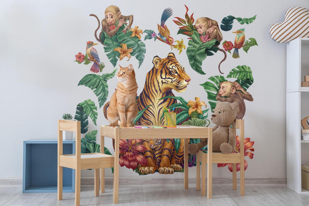 WANDAUFKLEBER 130x171cm - Dschungelsafari - Multicolor, Kunststoff (130/171/0.1cm) - Wallfluent