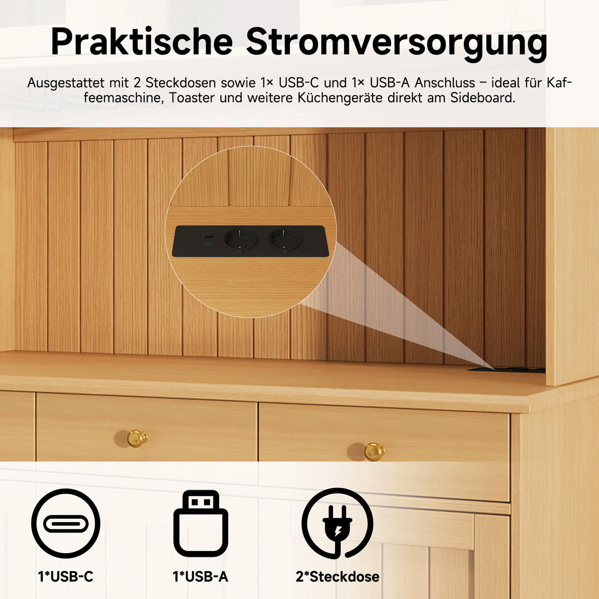 BUFFETSCHRANK DE-38594 120/40/191 cm Glastüren und integrierte Steckdose Natur - Naturfarben, Holzwerkstoff (120/191/40cm) - ComfortXL