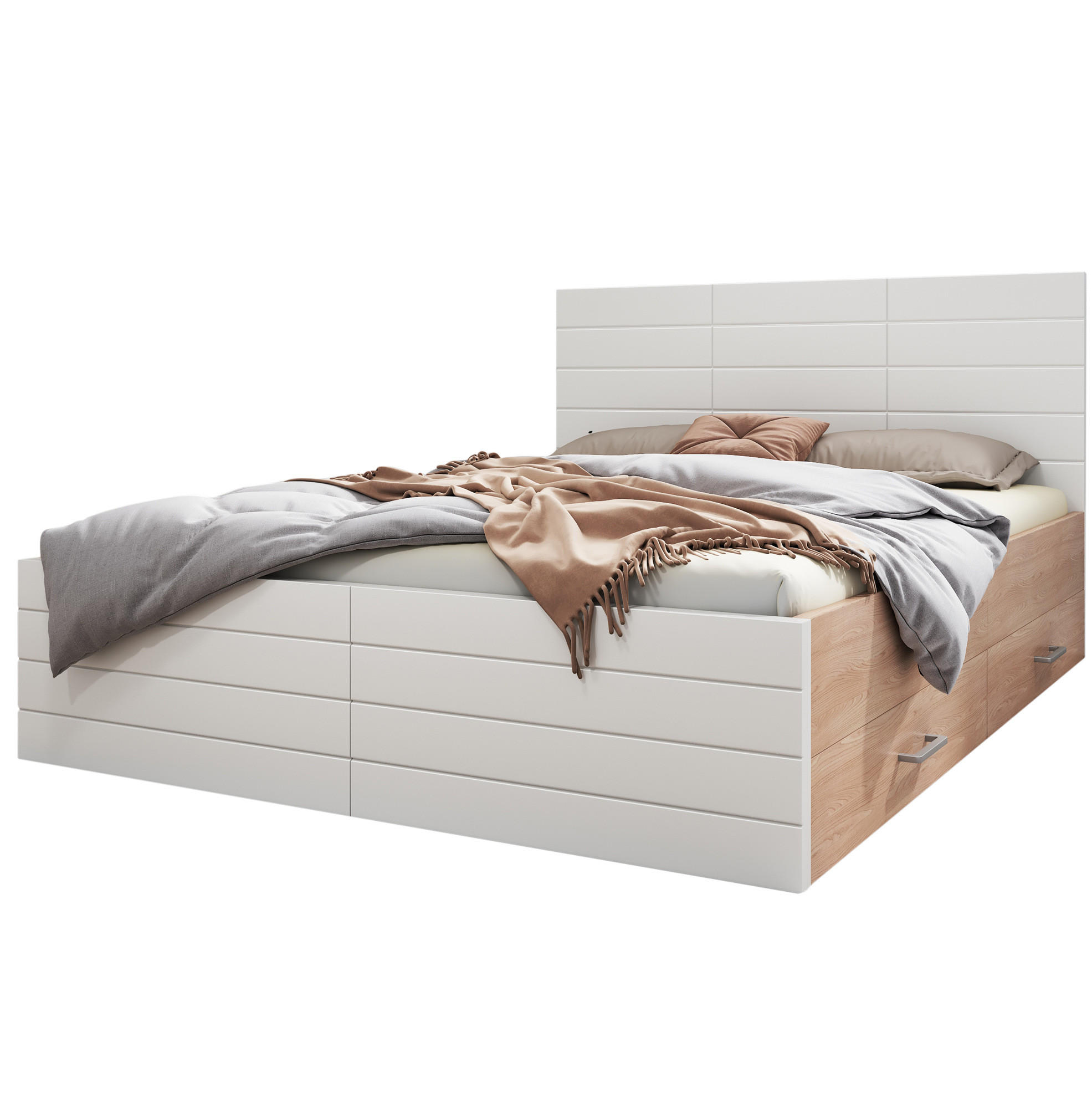 Modfu DŘEVĚNÁ postel z masivního dřeva a MDF 180x200 cm bílá/světlý dub se 2 zásuvkami a roštem