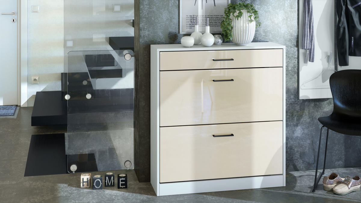 SCHUHSCHRANK Elvas Front in Creme Hochglanz - Creme, Holzwerkstoff (89/95.5/27cm) - Vladon
