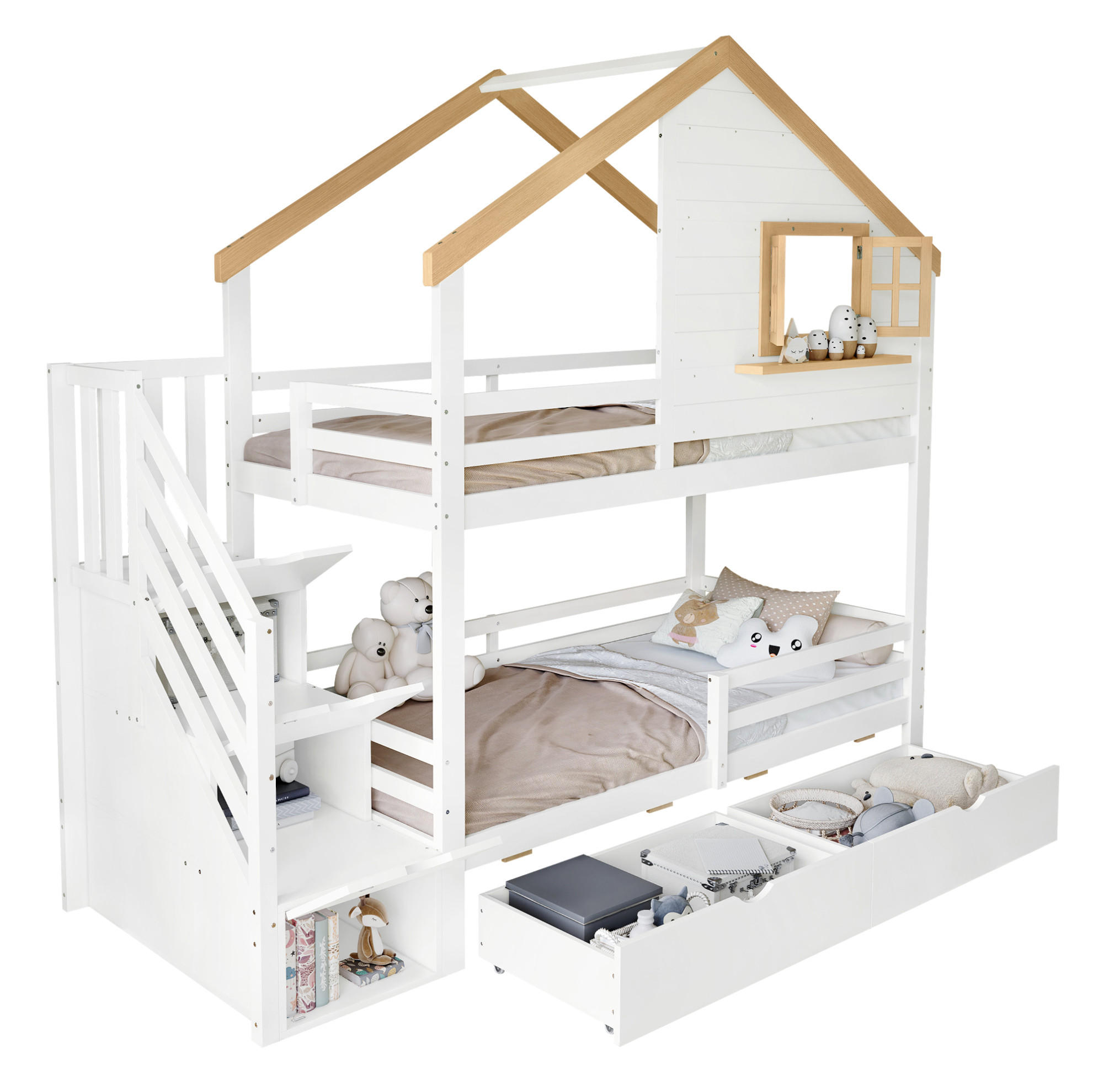 ETAGENBETT Weiß/Natur 90/200 cm mit Treppe und Stauraum - Weiß, Holz (90/200cm) - MIVRAY
