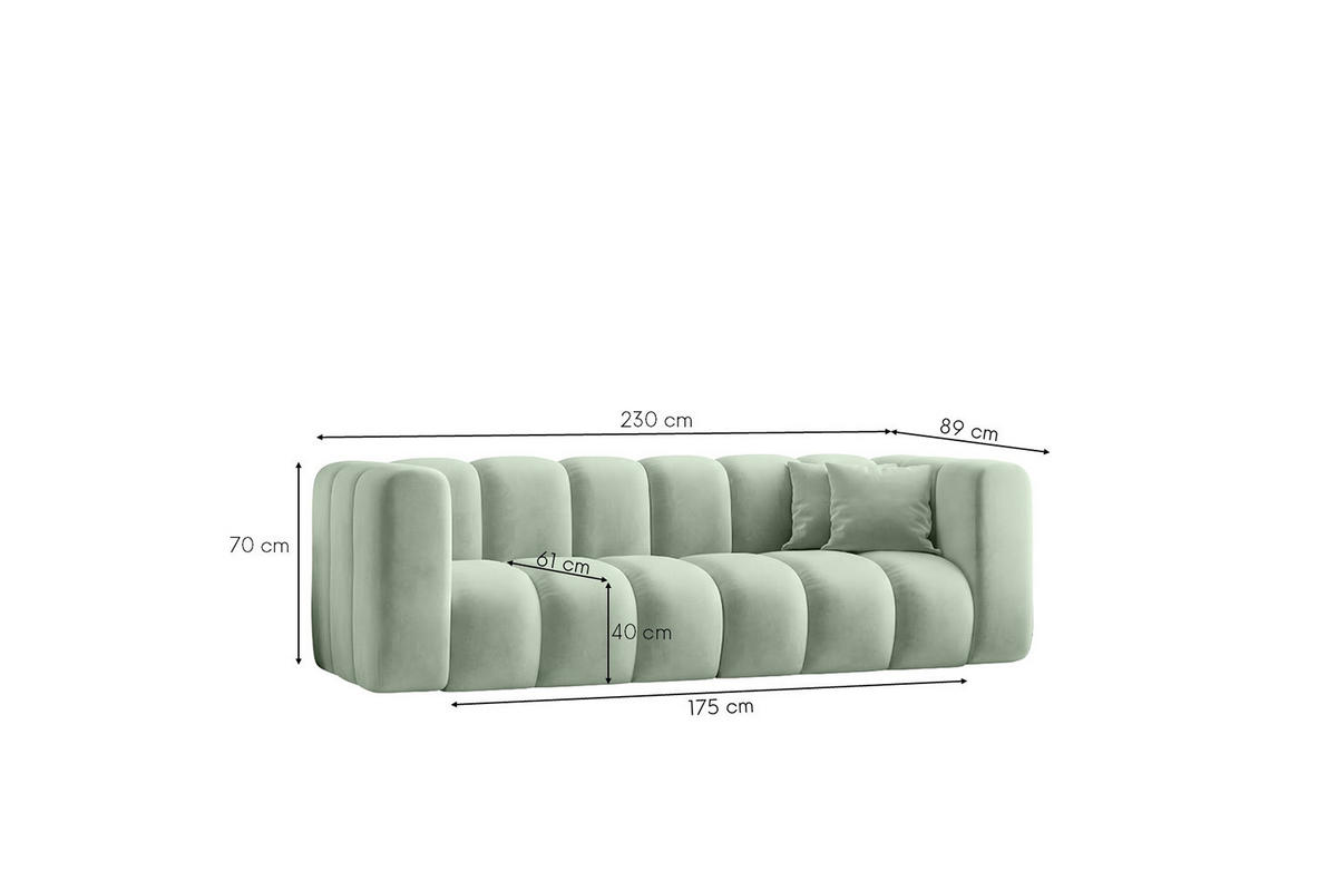 SOFA 3-Sitzer Modulares, Velvet-Stoff Riviera, Mintz, GRAND - Mintgrün, Holz (230/70/89cm) - Kaiser Möbel