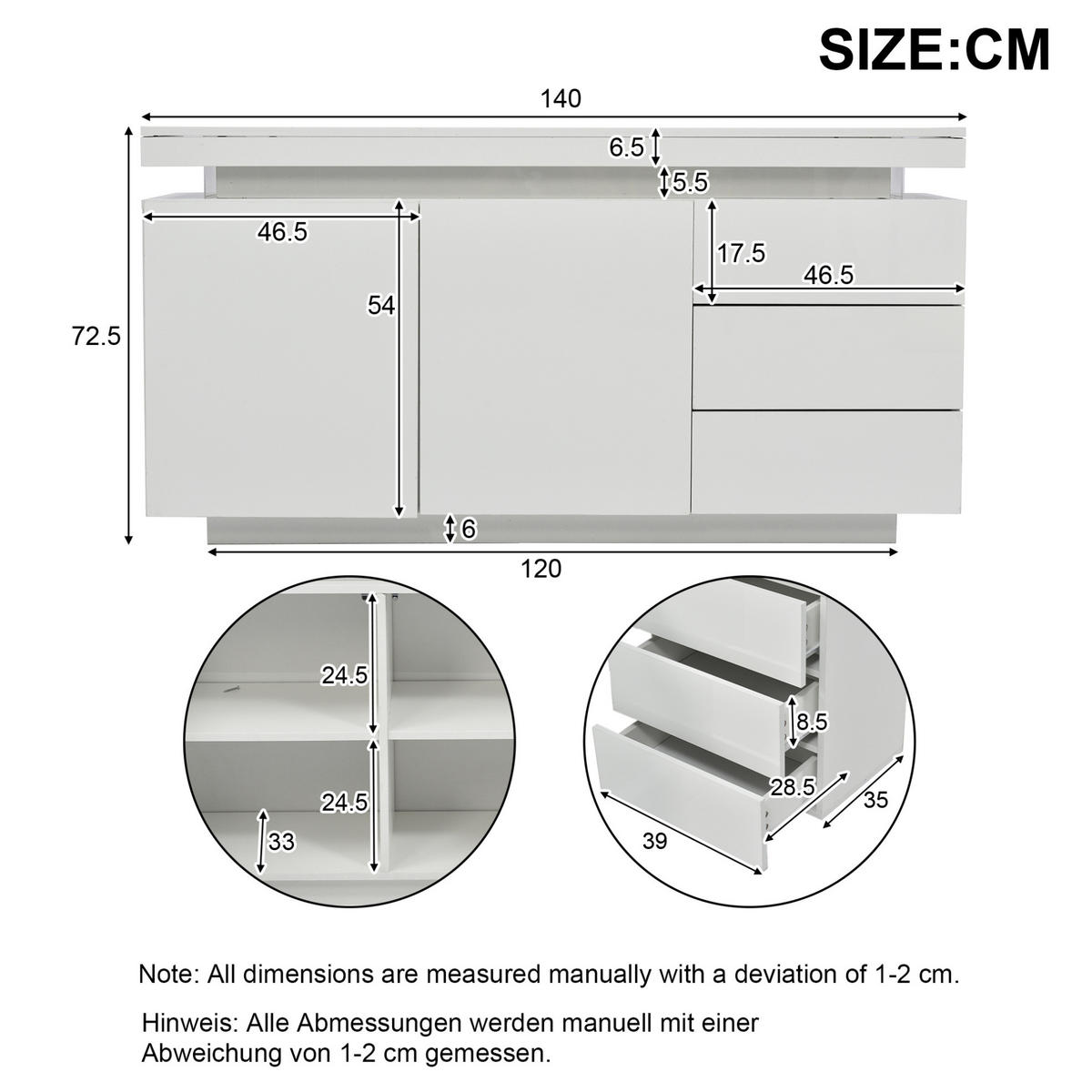 SIDEBOARD 140/35/72,5 cm, Weiß Hochglanz, 2 Türen und 3 Schubladen, integrierte LED, grifflose Optik, Weiß - Weiß, Holzwerkstoff (140/72.5/35cm) - Redom