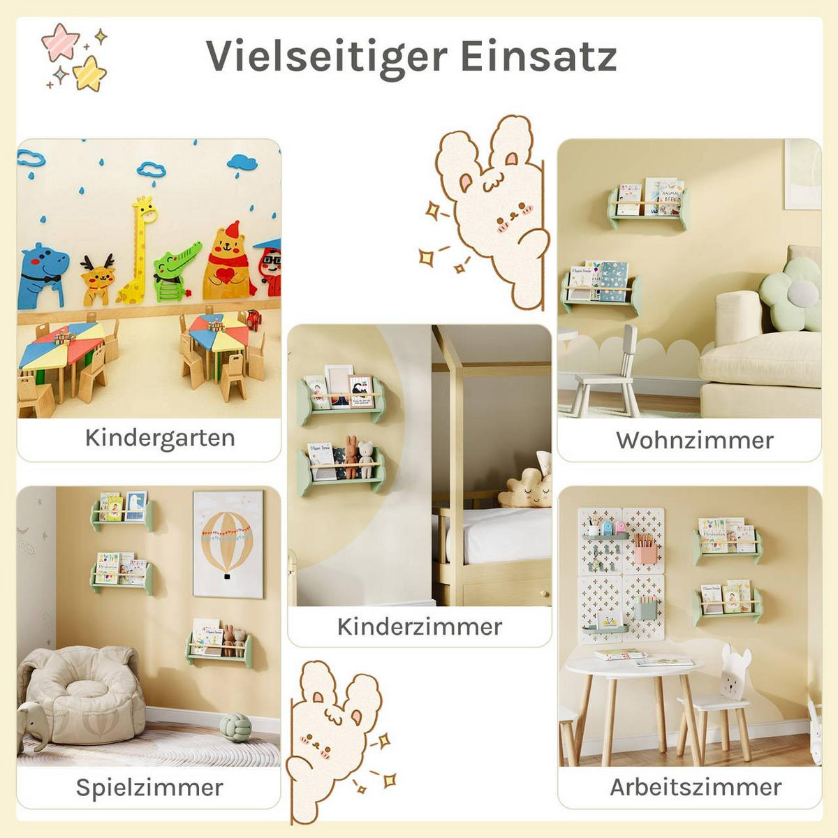 KINDER-WANDREGAL 3er Set, Kiefernholz, 45 x 12,7 x 23cm, Grün - Grün, Holz/Holzwerkstoff (45/23/12.7cm) - Woltu