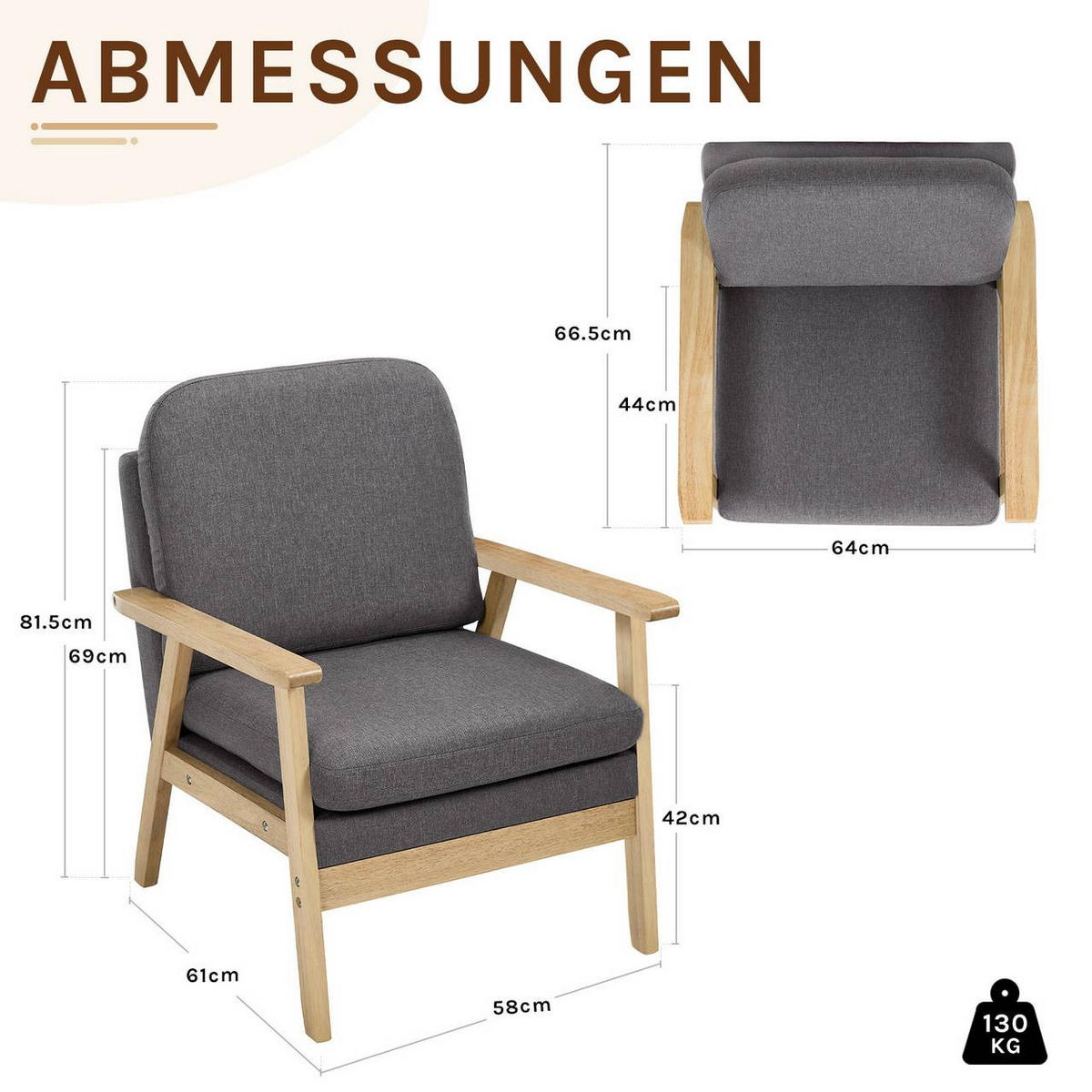 SESSEL Einzelsofa, aus Leinen Massivholz, Dunkelgrau - Eukalyptusholzfarben/Dunkelgrau, Holz/Textil (64/81.5/66.5cm) - Woltu