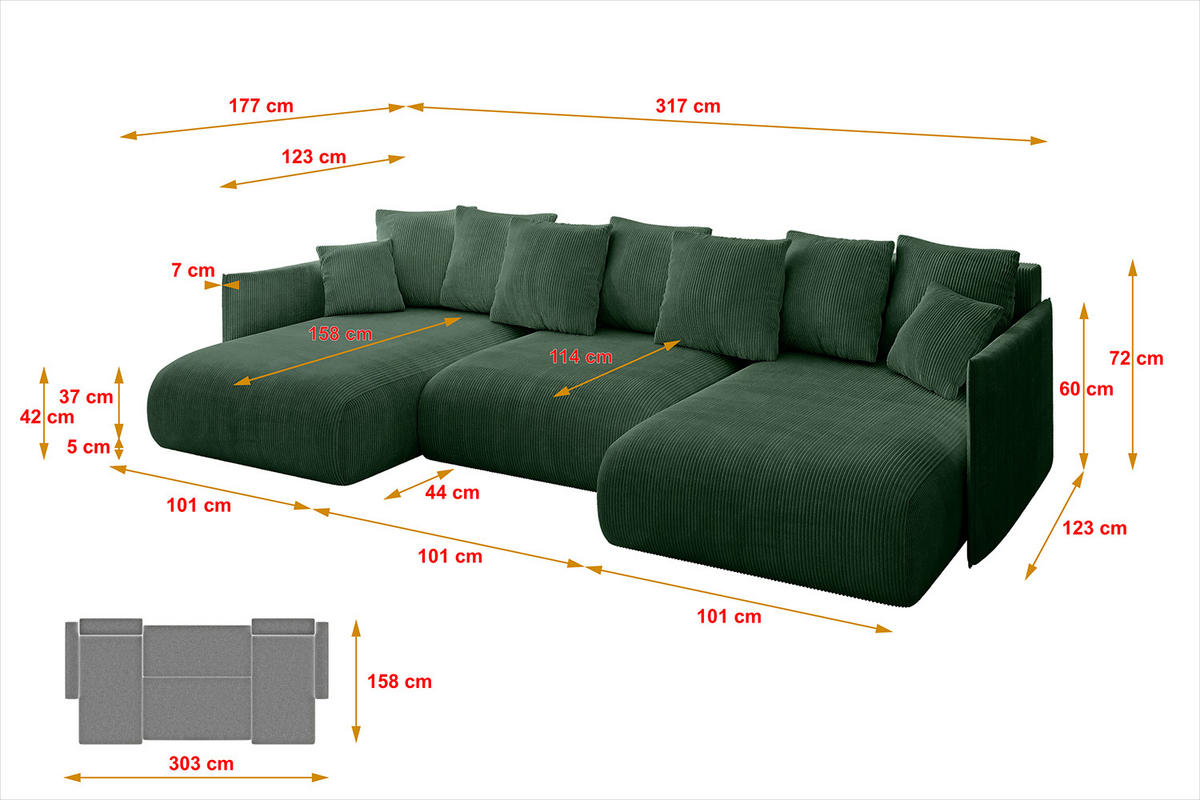 WOHNLANDSCHAFT mit Schlaffunktion und Bettkasten ONESK-U 317x177x72 Grün Cord - Grün, Holzwerkstoff/Kunststoff (317/72/177cm) - ALTDECOR