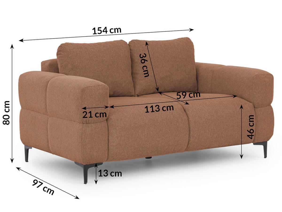 2-SITZER-SOFA Cardea in Bubble-Optik aus weichem Terrakotta Strukturstoff mit hohem Sitzkomfort - Terracotta/Schwarz, Holz/Textil (154/80/97cm) - S-Style Möbel