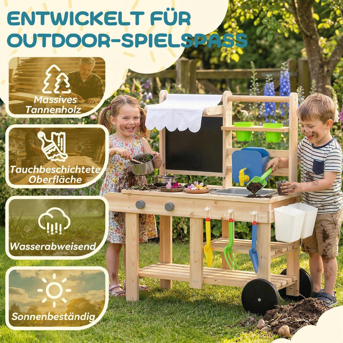 OUTDOOR-KINDER-MATSCHKÜCHE Tannenholz Edelstahl Naturholz - Naturfarben, Holz (34.4/84.2cm) - AIYAPLAY