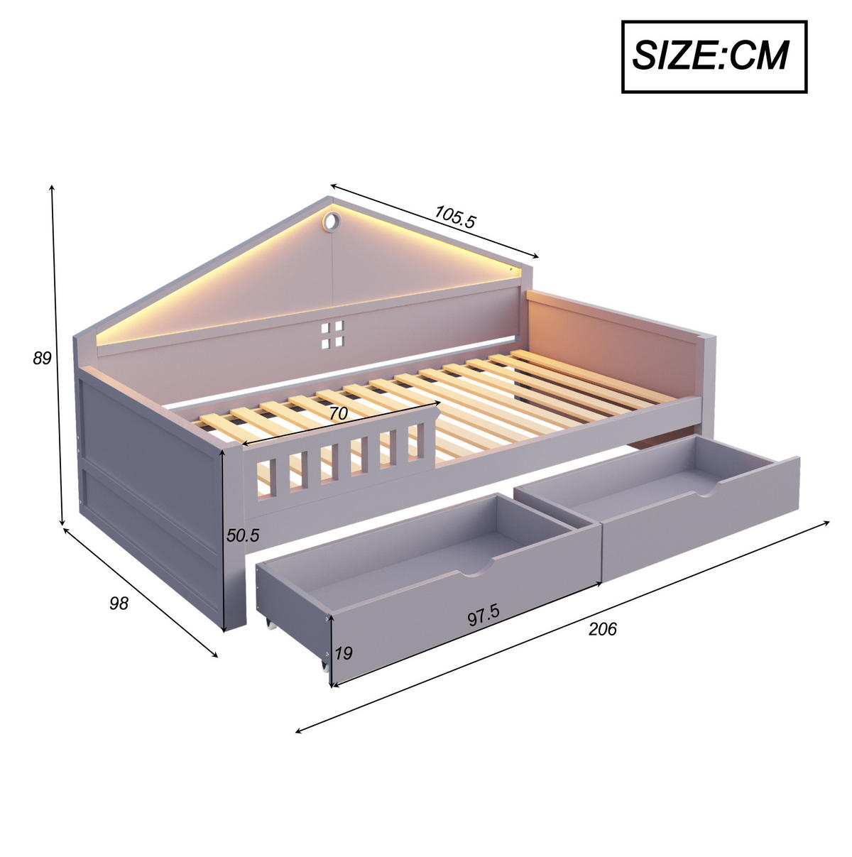 DETSKÁ posteľ 90/200 cm sivá z masívneho dreva a MDF s LED osvetlením a 2 zásuvkami - sivá, drevo (90/200cm) - OKWISH