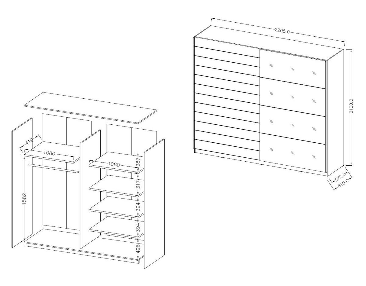 SCHWEBETÜRENSCHRANK Granada Monastery Eiche / Schwarz Hochglanz 200 / 61 / 210 cm - Multicolor/Braun, Holz/Holzwerkstoff (200/210/61cm) - Feldmann-Wohnen