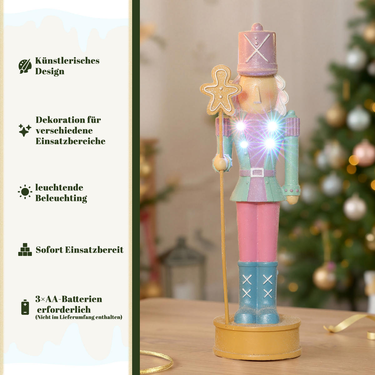 NUSSKNACKER Figur mit LED B13 x T12 x H45 cm - Pink, Naturmaterialien (12/45/13cm) - Hometopia