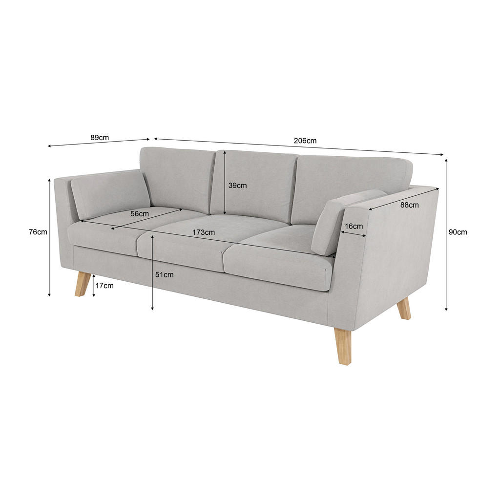 Thumbnail - S-Style Möbel 3-Sitzer-Sofa, Silber, Textil, Echtholz,Buche, Birke, Füllung: Silikon,Silikon,Schaumstoff, 206x90x89 cm, ...