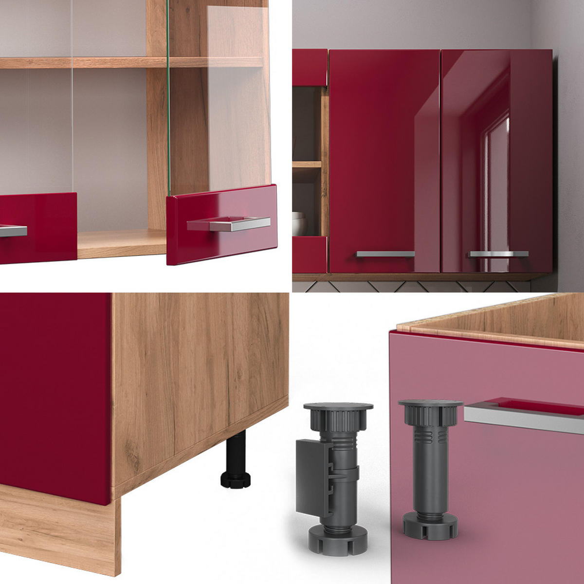 SINGLEKÜCHE R-Line Rot Hochglanz/Goldkraft Eiche 140 cm ohne Arbeitsplatte - Honigeiche/Rot, Holzwerkstoff (140/81.6/46cm) - Vicco
