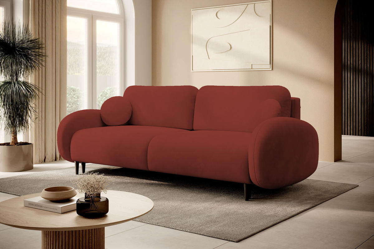 SOFA SOFT RunAgin Mit Schlaffunktion Und Bettkasten, PUR-Schaum, Schwarze Kunststofffüße, lose Rückenkissen, freistehend, 232x109x95 cm Red - Rot, Holz/Textil (232/95/109cm) - DomoHome