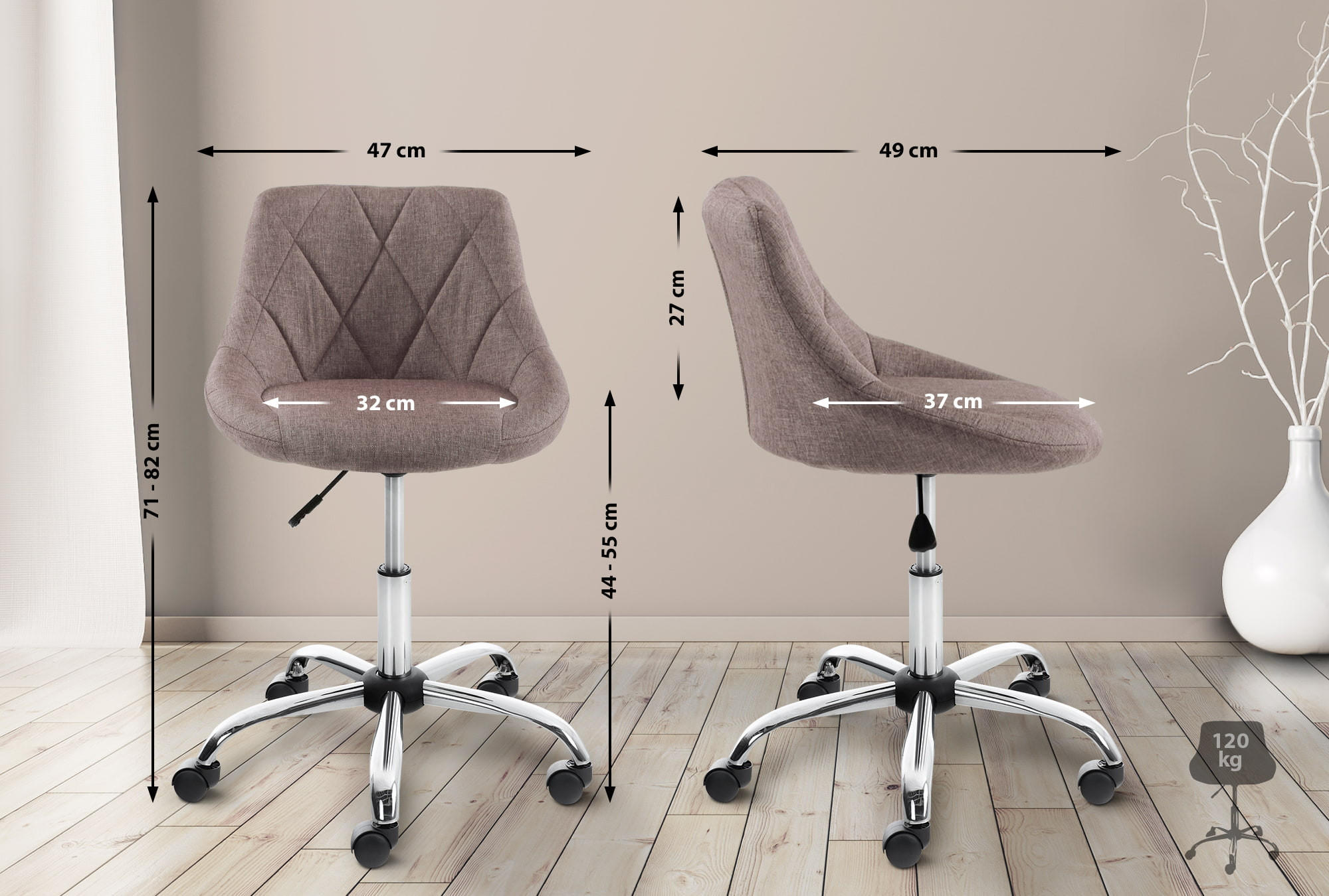 Thumbnail - TPFLiving Arbeitshocker, Grau, Metall, 47x82x49 cm, Arbeitszimmer, Bürostühle, Bürohocker
