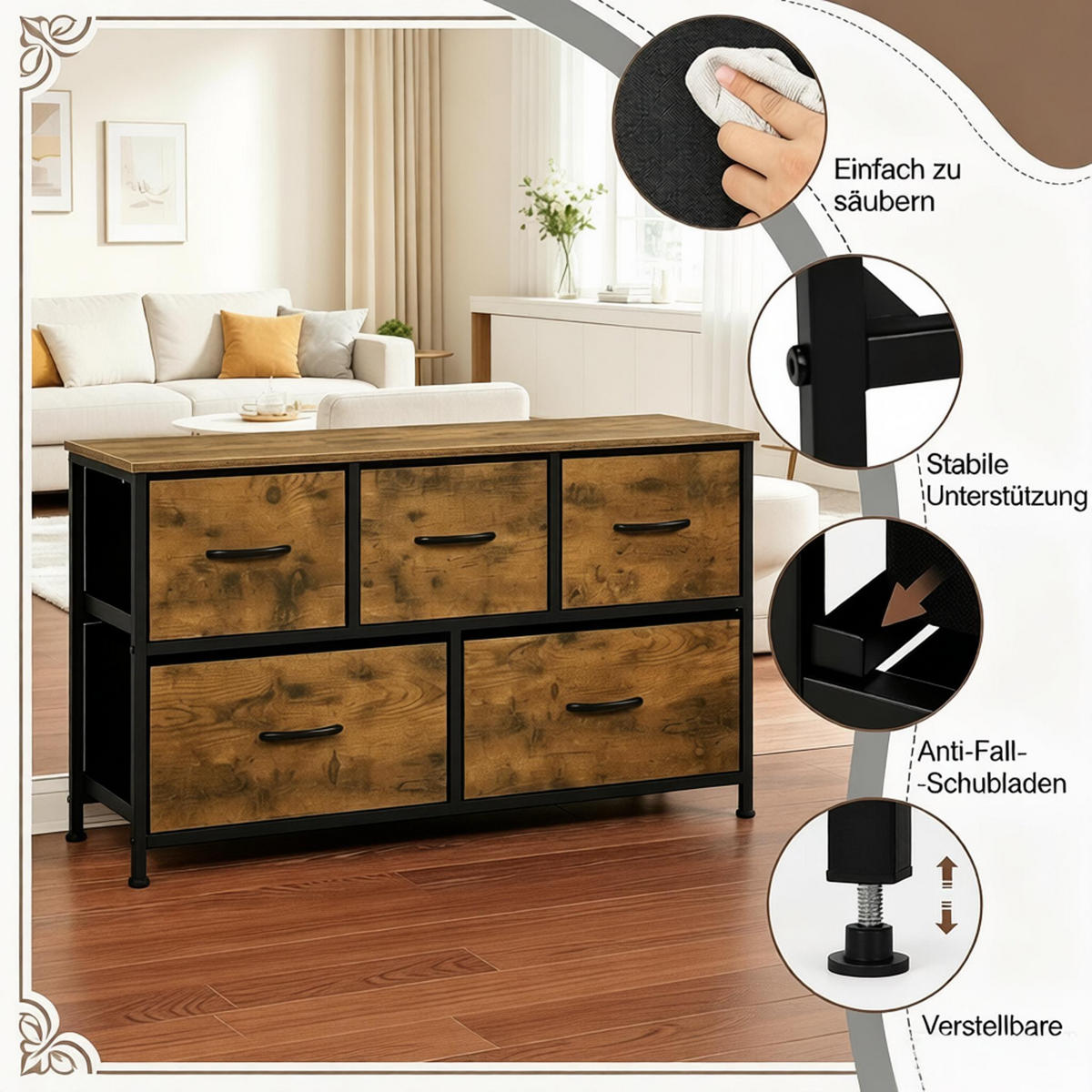 KOMMODE DE-38068 100/30/54 cm mit 5 Stoffschubladen Vintage-Braun - Braun, Holzwerkstoff (100/54/30cm) - ComfortXL