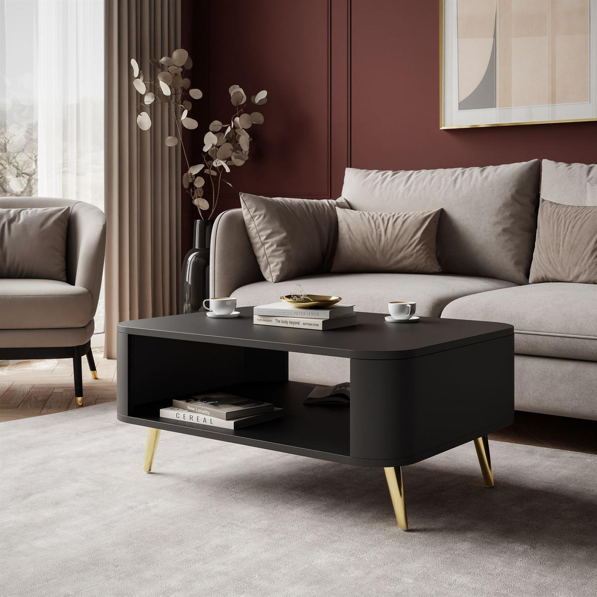 Couchtisch SHADOW II mit Ablage unter der Tischplatte - Schwarz, Holzwerkstoff (60/80/35cm) - Lookway